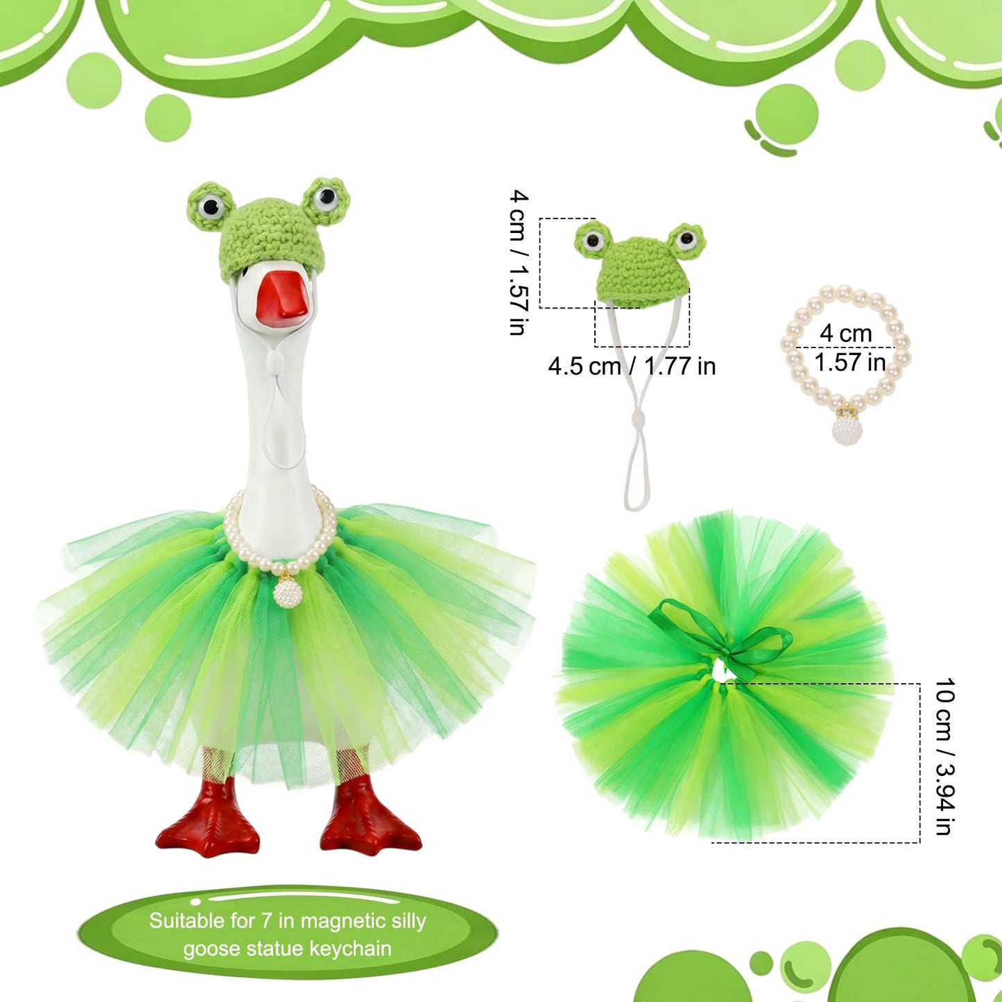 Mini Desk Goose Outfits Desktop Geese Clothes with Frog Shape Knitting Hat 7 Inch Goose Summer Green Tutu Dress Desk Goose Accessories Customs