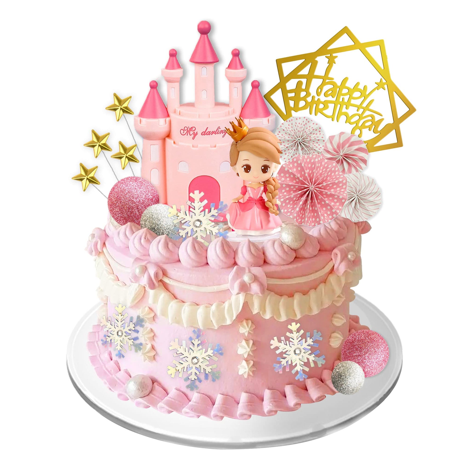 19 PCS Princess Cake Topper Castle Cake Decoration with Snowflake and Stars for Princess Birthday Supplies (Pink)