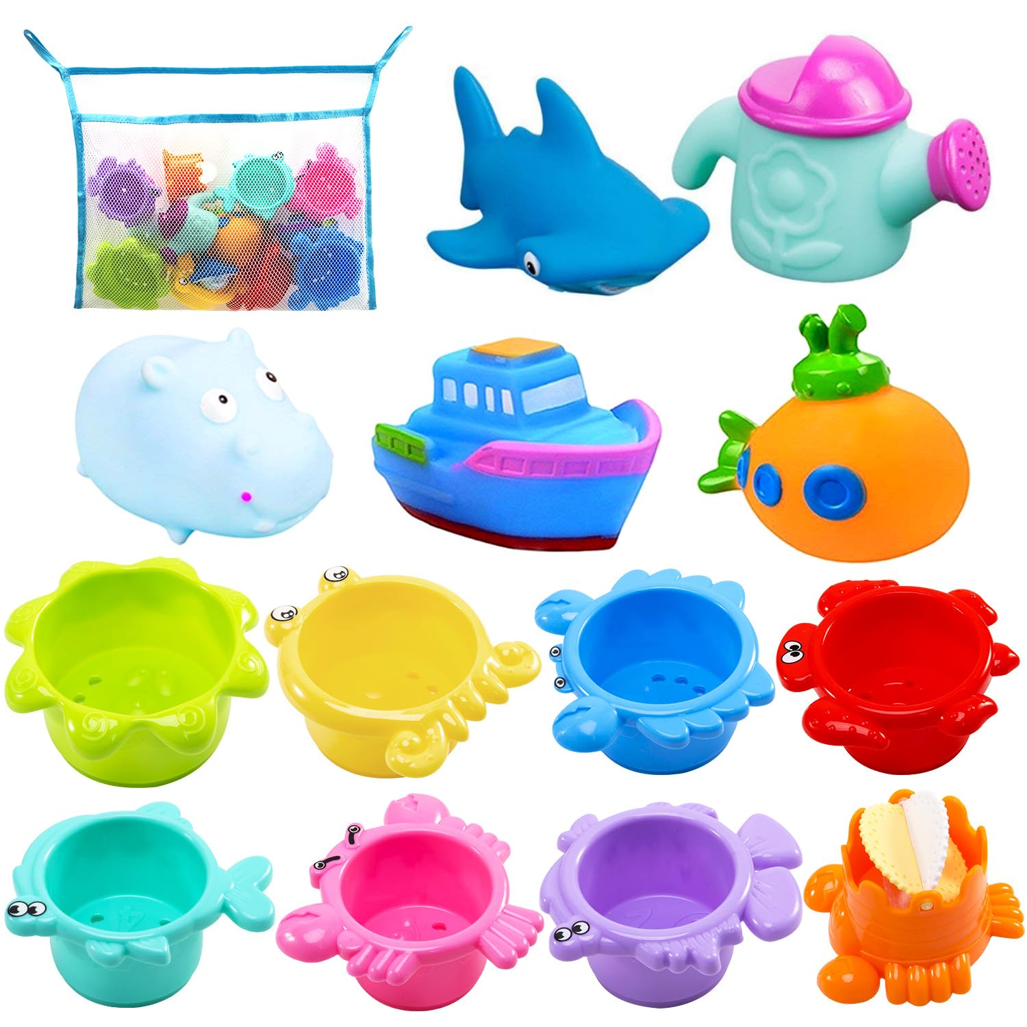 INNOCHEER Baby Bath Toys for Toddlers, Water Table Toys with Mold Free Stacking Cups, Quick Dry Organizer Net, 13 Pcs Bathtub Game, Beach and Pool
