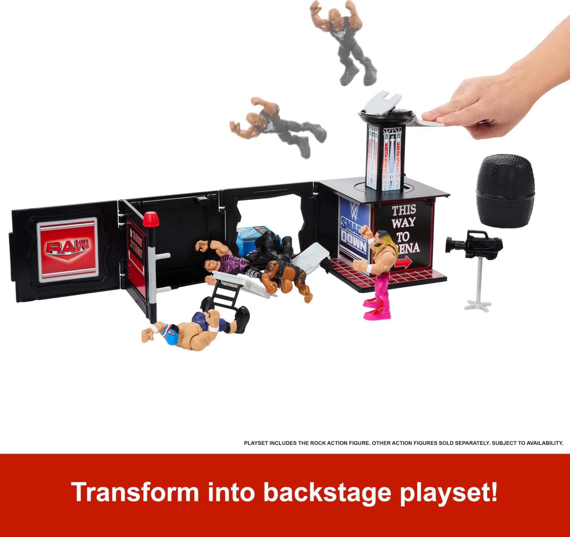 Mattel WWE Knuckle Crunchers 2-in-1 Microphone & Playset with Action Figure & 2 Accessories, Final Boss Set with 3.25-inch the Rock