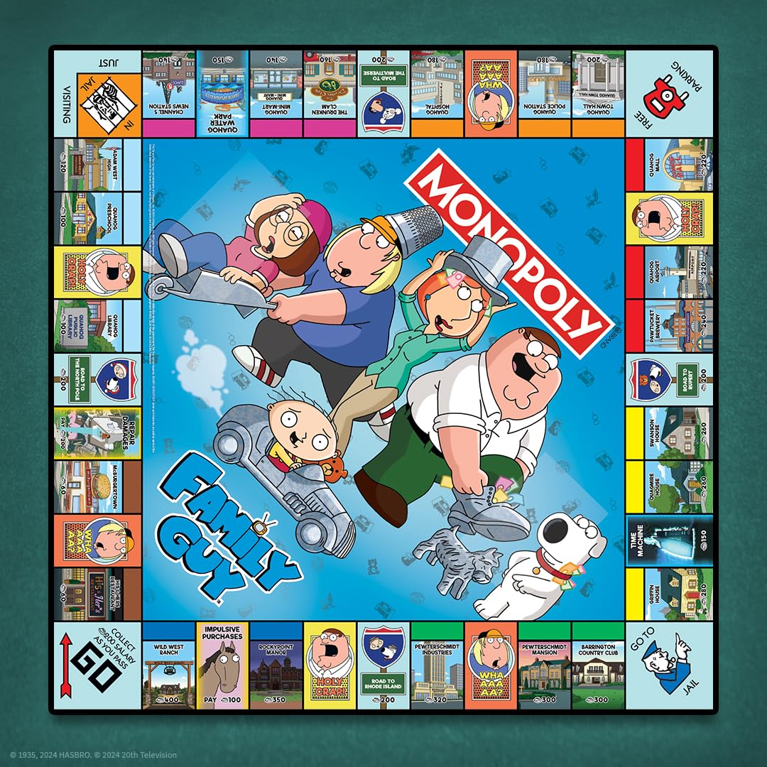 Monopoly: Family Guy Board Game, Featuring Banana Brian, Giant Chicken, Rupert and More, Buy, Sell, Trade Quahog’s Locations from McBurgertown to Wild