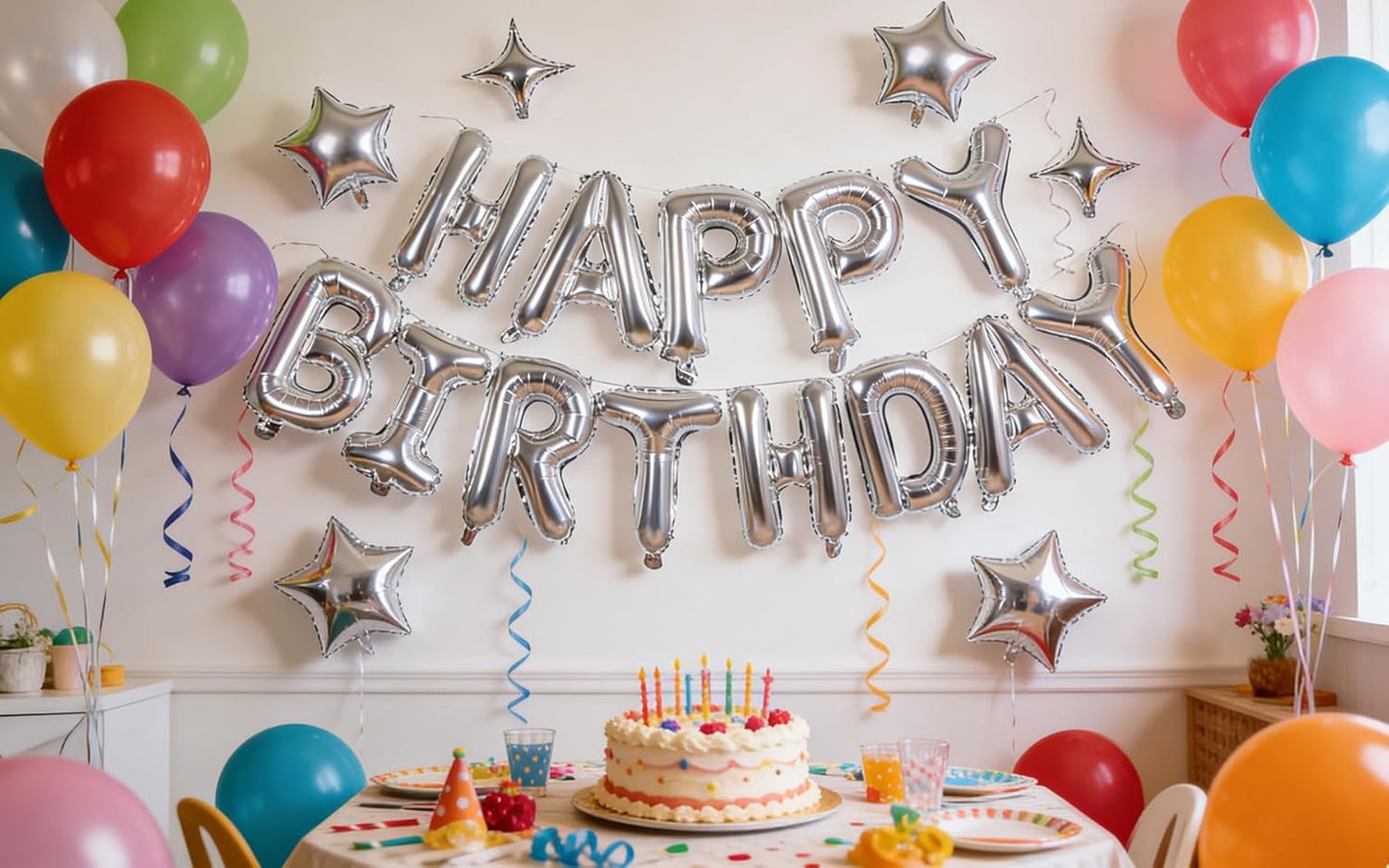 Silver Happy Birthday Banner Balloon Aluminum Foil 16 Inch Letter,10 Inch Five Pointed Star Four Pointed Star Suitable for Kids, Men, Women, Boys