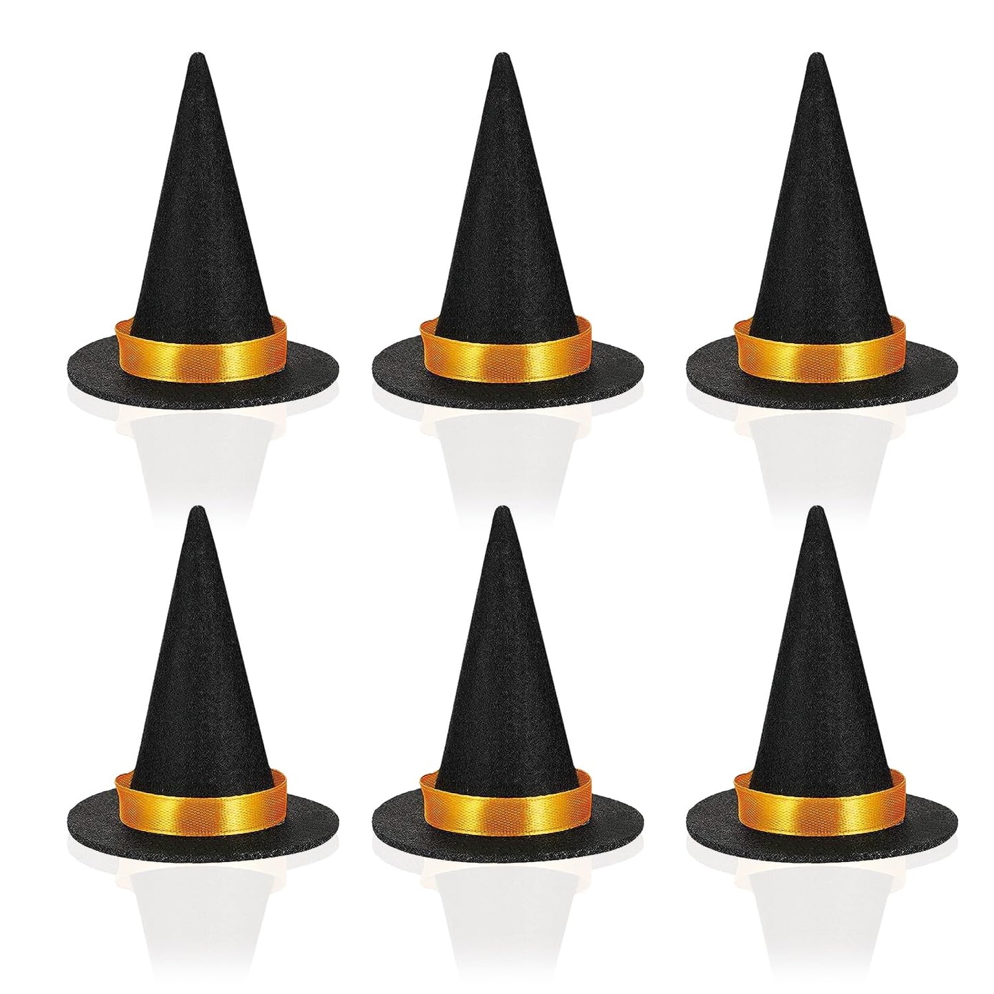 Oarkive Mini Witch Hats for Crafts - 6PCS Small Felt Witch Hat Decorations with Orange or Yellow Bands, Miniature Witch Hats for Halloween Decor, DIY