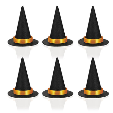 Oarkive Mini Witch Hats for Crafts - 6PCS Small Felt Witch Hat Decorations with Orange or Yellow Bands, Miniature Witch Hats for Halloween Decor, DIY