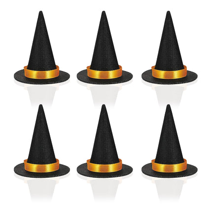 Oarkive Mini Witch Hats for Crafts - 6PCS Small Felt Witch Hat Decorations with Orange or Yellow Bands, Miniature Witch Hats for Halloween Decor, DIY