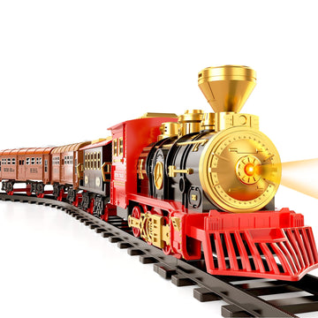 TEMI Train Set for Kids Toddlers 3-5, Train with Steam Engine, Cargo Car and Long Track, Rechargeable Battery Play Red Train Toys with Smoke, Light