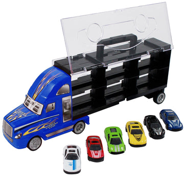 7pc Thunder Wheels Toy Truck Diecast Race Car Carrier Set - Blue