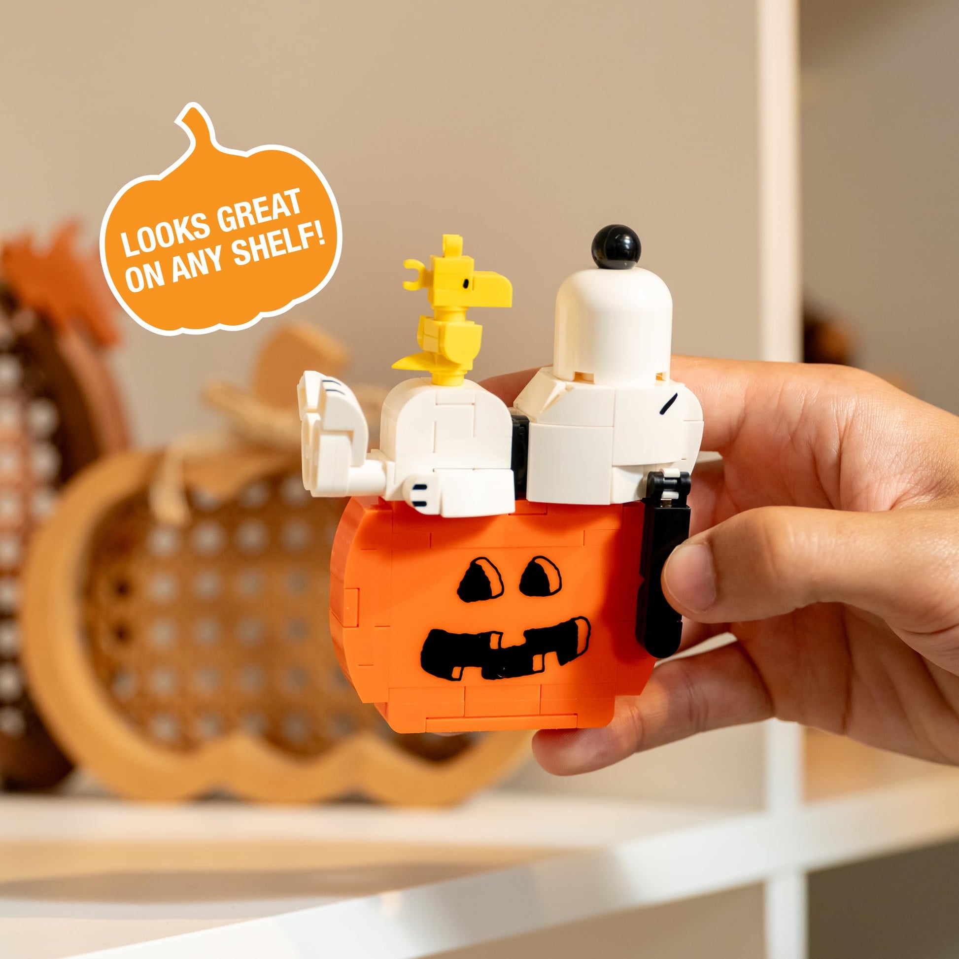 Brickcraft Peanuts Snoopy on Pumpkin Brick Building Set, 112 Pieces | DIY Halloween & Fall Block Kit Thanksgiving Jack-O’-Lantern Display, Collectible