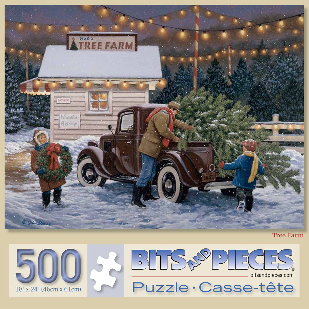 Bits and Pieces - 500 Piece Jigsaw Puzzle for Adults - Tree Farm - Christmas, Holiday Jigsaw Puzzle by Artist John Sloane, Completed Puzzle Size: 18"
