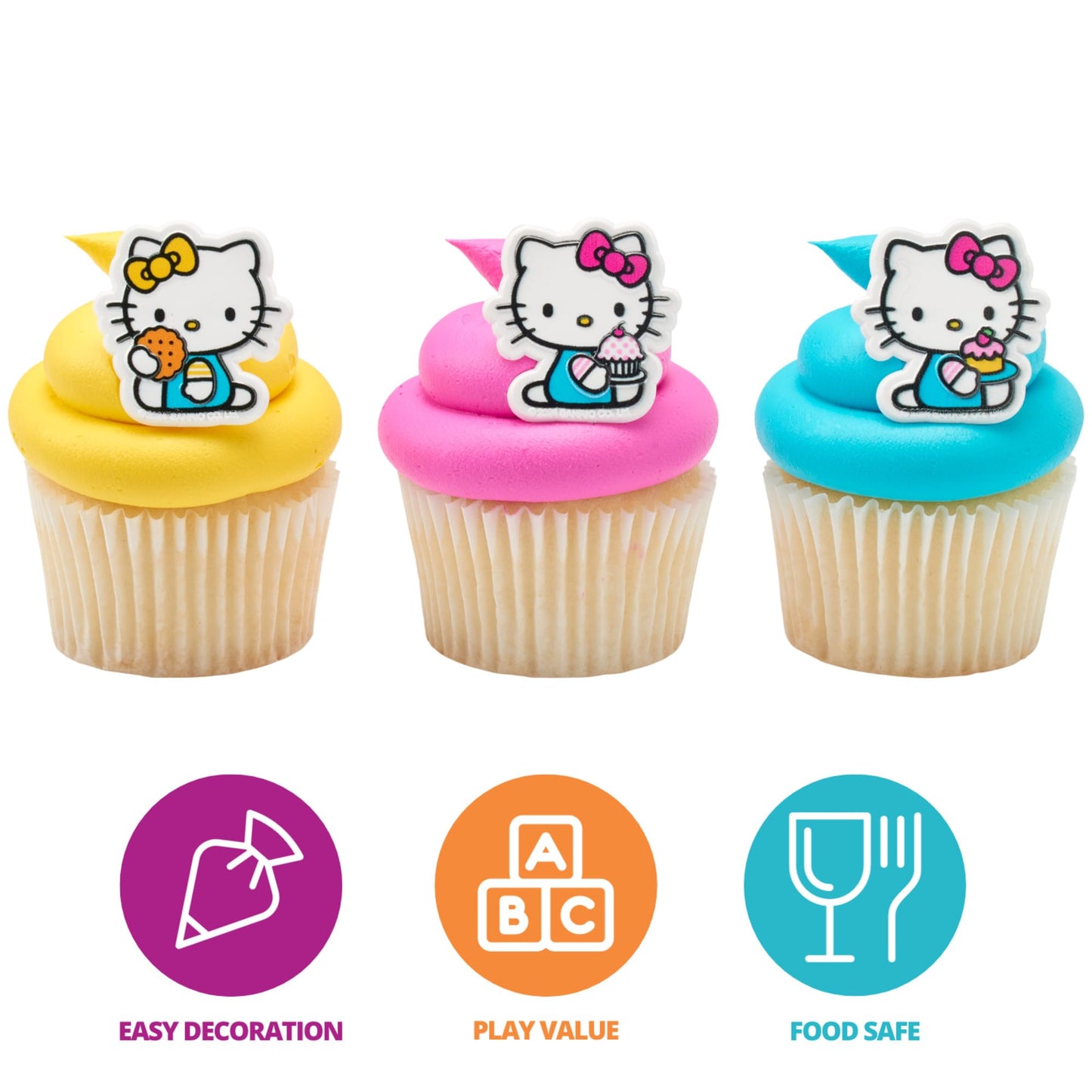 DecoPac Hello Kitty® Rings, Cupcake Decorations Featuring Hello Kitty and Mimmy, Pink And Yellow - 24 Pack