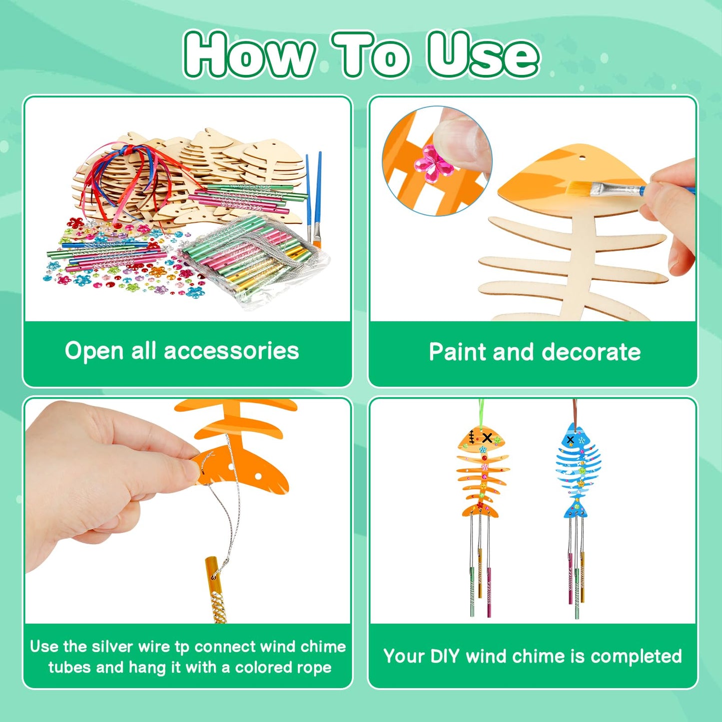 Fennoral 30 Pack Wind Chime Kit Make Your Own Fish Wind Chime Wooden Arts and Crafts for Girls Boys Ornaments DIY Coloring Spring Summer Craft