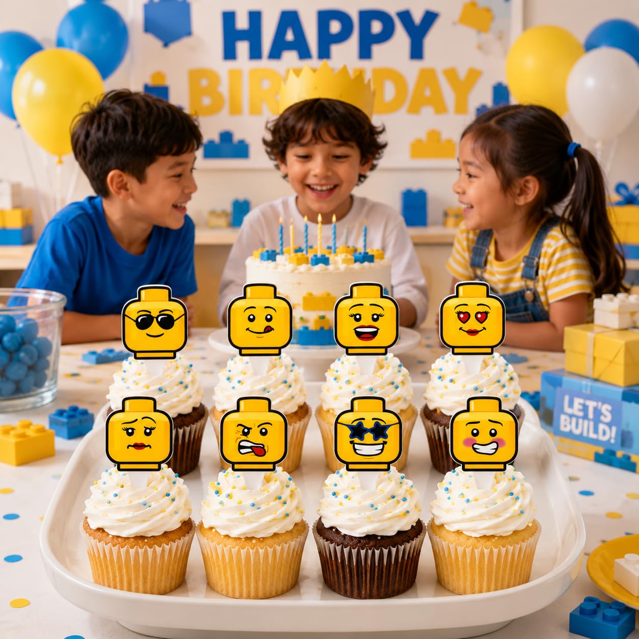 Funny Emoji Cup Cake Toppers for Boys Birthday Building Block Style Birthday Cake Decorations 16PCS