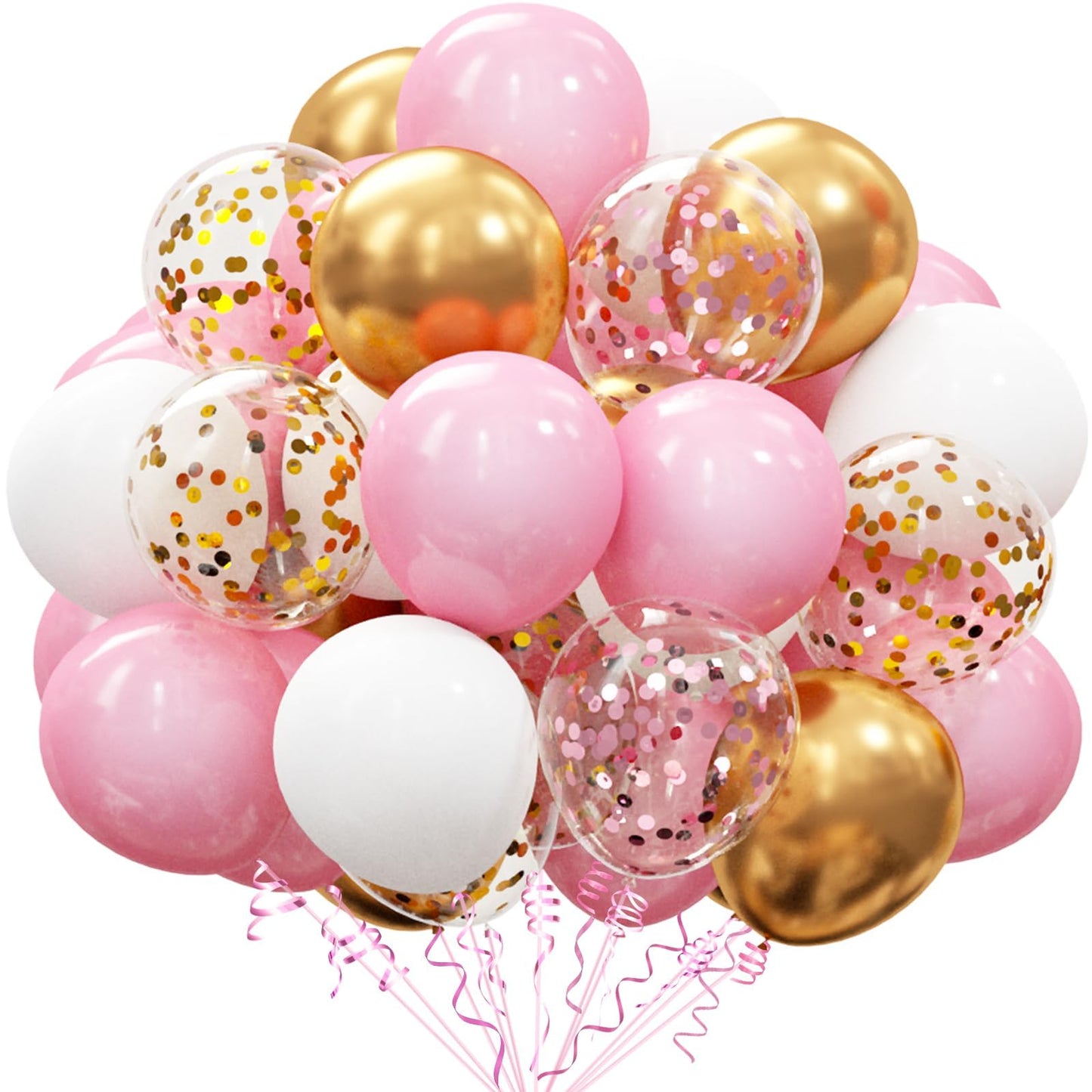 OuMuaMua 60Pcs Pink Gold Confetti Latex Balloons Kit, 12 Inch Pink White Gold Helium Mother's Day Balloons Party Supplies for Confession Proposal