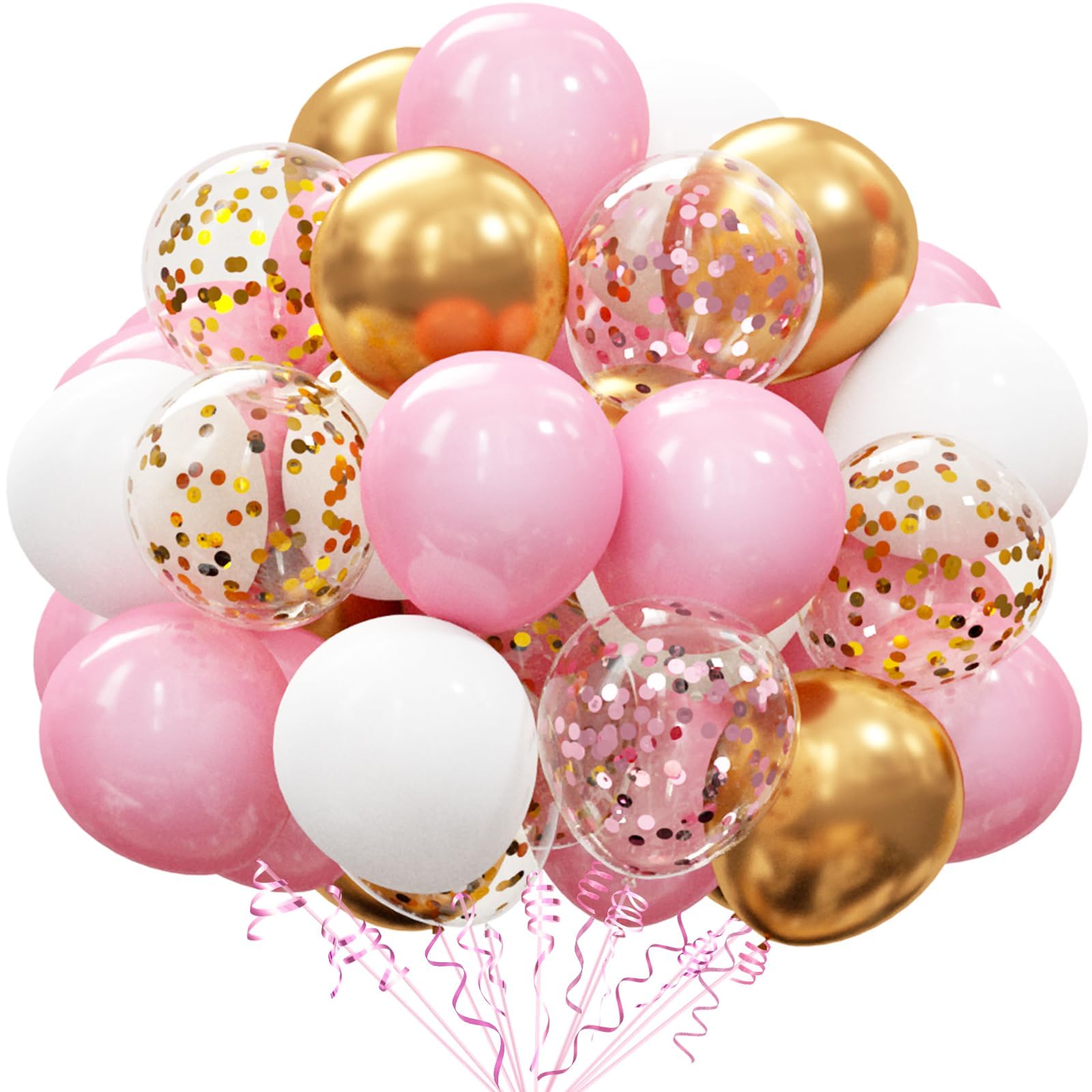 OuMuaMua 60Pcs Pink Gold Confetti Latex Balloons Kit, 12 Inch Pink White Gold Helium Mother's Day Balloons Party Supplies for Confession Proposal