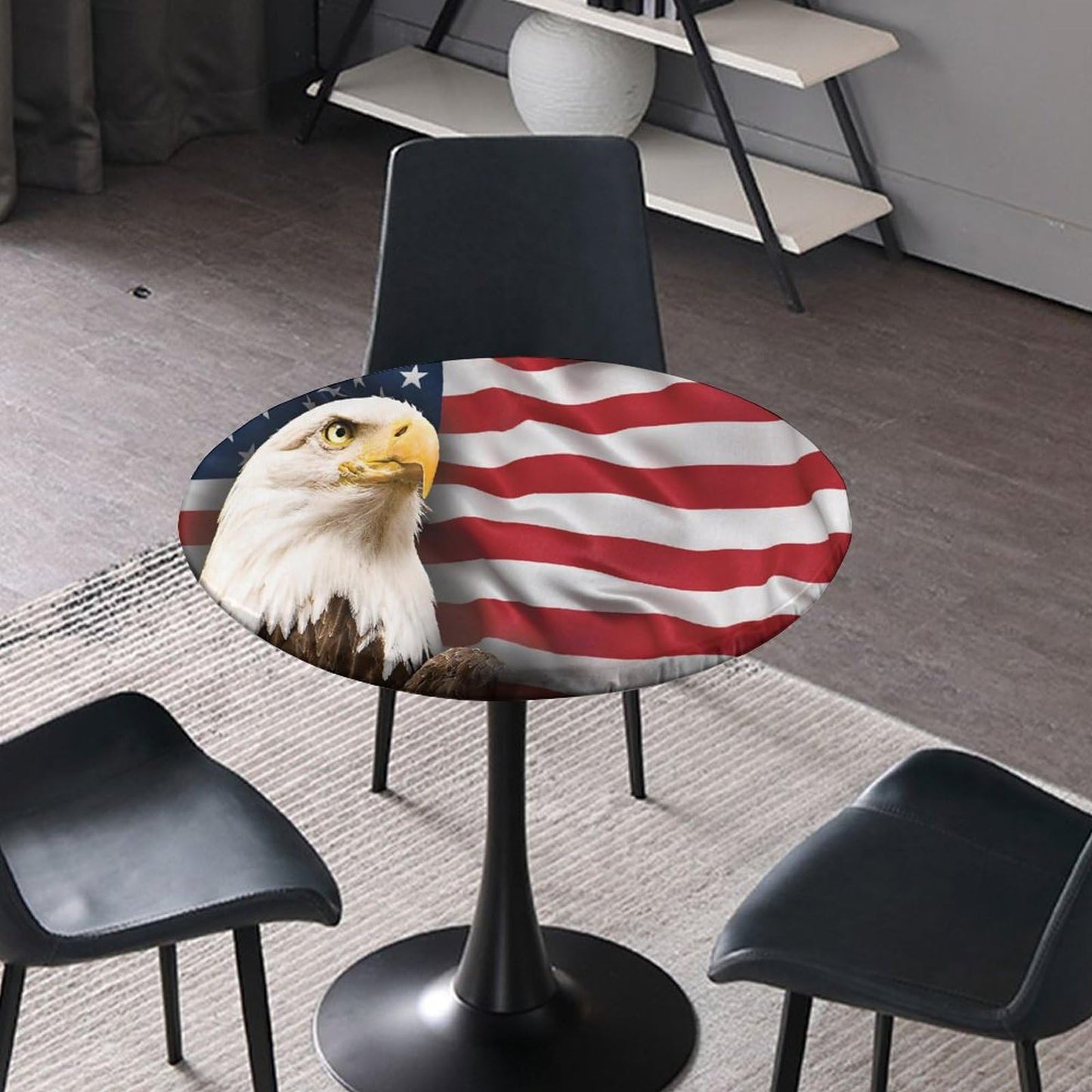 American Flag Round Fitted Tablecloth Elastic Edged Table Cover, Blue Red Eagle Flag Wipeable Table Cloths for Kitchen Dining Party Use, Fit for 28"