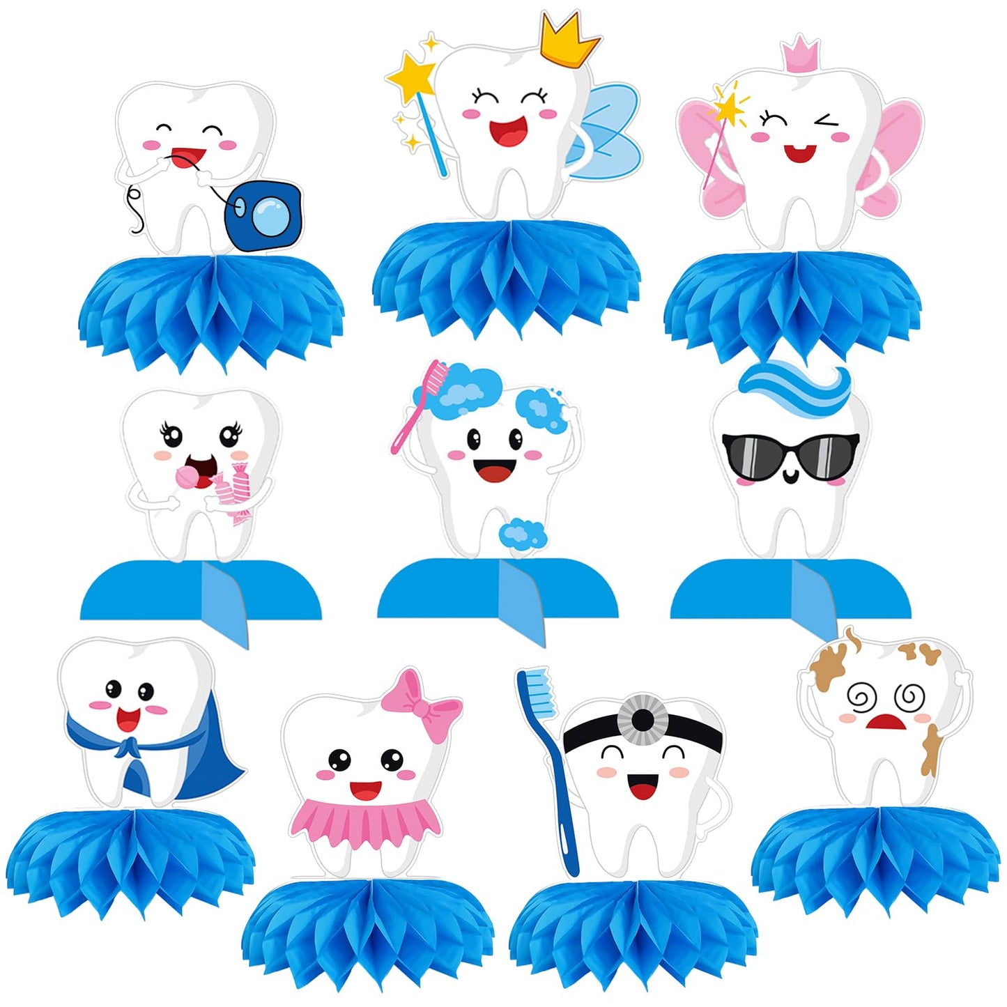 10 Pieces Tooth Honeycomb Centerpieces Table Decor, Cartoon Tooth Fairy, Dentist, and Crown Pattern Table Topper Ornaments Signs for Baby’s First