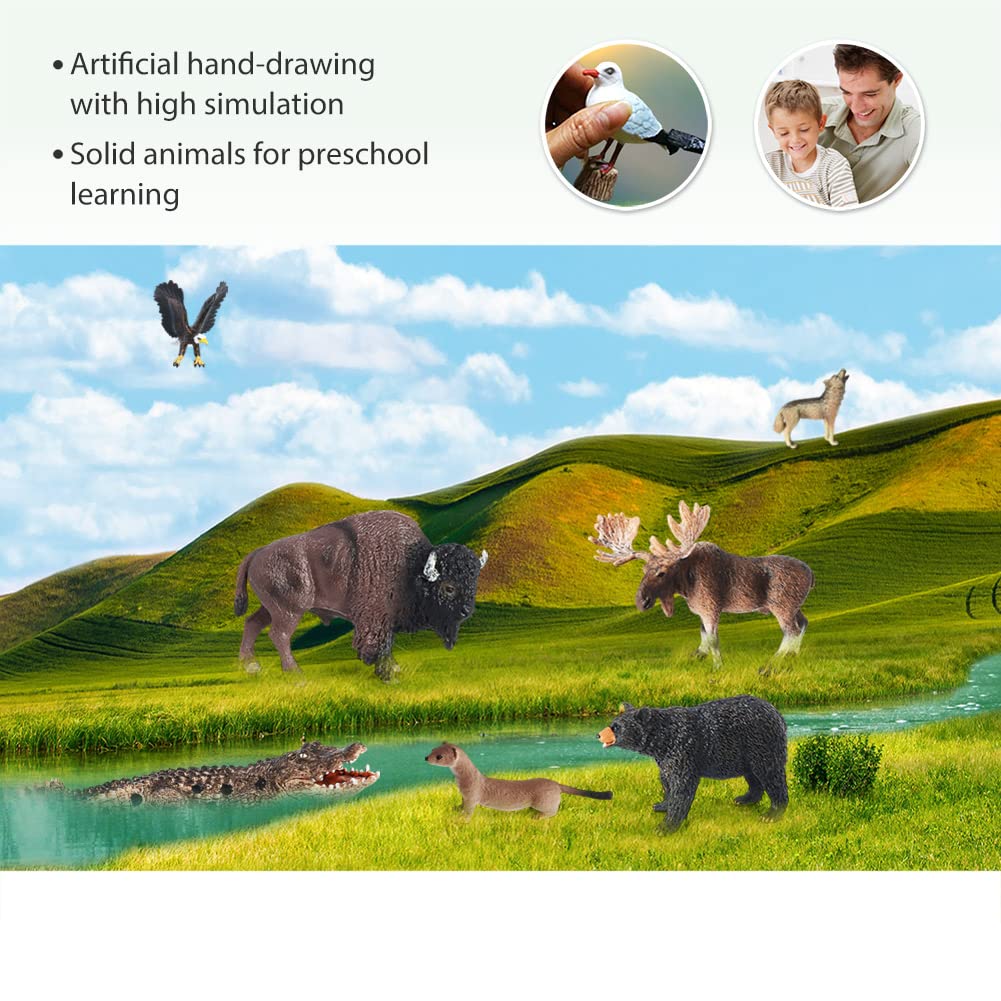 Volnau Safari Animal Figurines Toys 7PCS North America Figures Zoo Pack for Toddlers Kids Christmas Decoration Gift Preschool Educational Moose Wolf