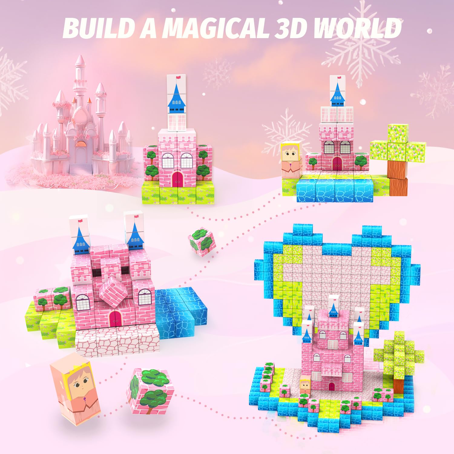 CEMECER Magnetic Blocks, 48PCS 1in Princess Magnetic Building Blocks Toy for Kids Build Cubes, Stacking Magnetic Tiles, Sensory Montessori