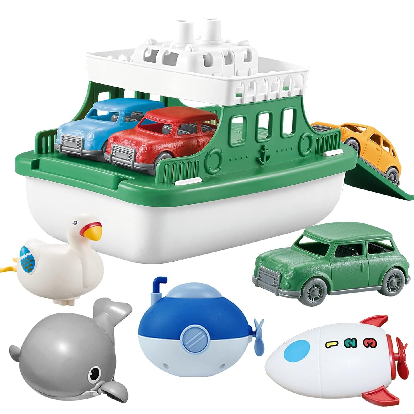 OKGIUGN Ferry Boat with 4 Car and 4 Wind Up Bath Swimming Toys, Kids Bath Toy Floating Vehicle Whales Submarines Swans Rockets, Bathtub Bathroom Pool