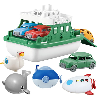 OKGIUGN Ferry Boat with 4 Car and 4 Wind Up Bath Swimming Toys, Kids Bath Toy Floating Vehicle Whales Submarines Swans Rockets, Bathtub Bathroom Pool