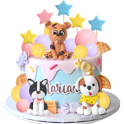 Dog Cake Topper Clay Figurines - Puppy Star Yellow Pink Purple Ball Cake Topper for Dog Theme Birthday Cake Decorations (Style 01)