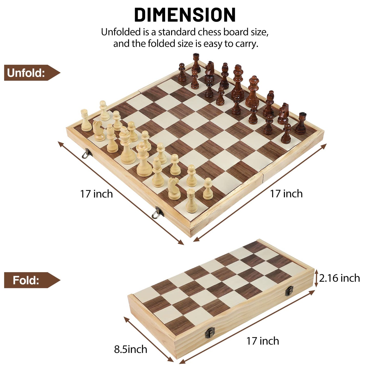LEAP Wooden Chess Set 17" Inches - 2 Extra Queens - Folding Board Raised Edge, Handmade Portable Travel Chess Board Game Sets with Game Pieces Storage