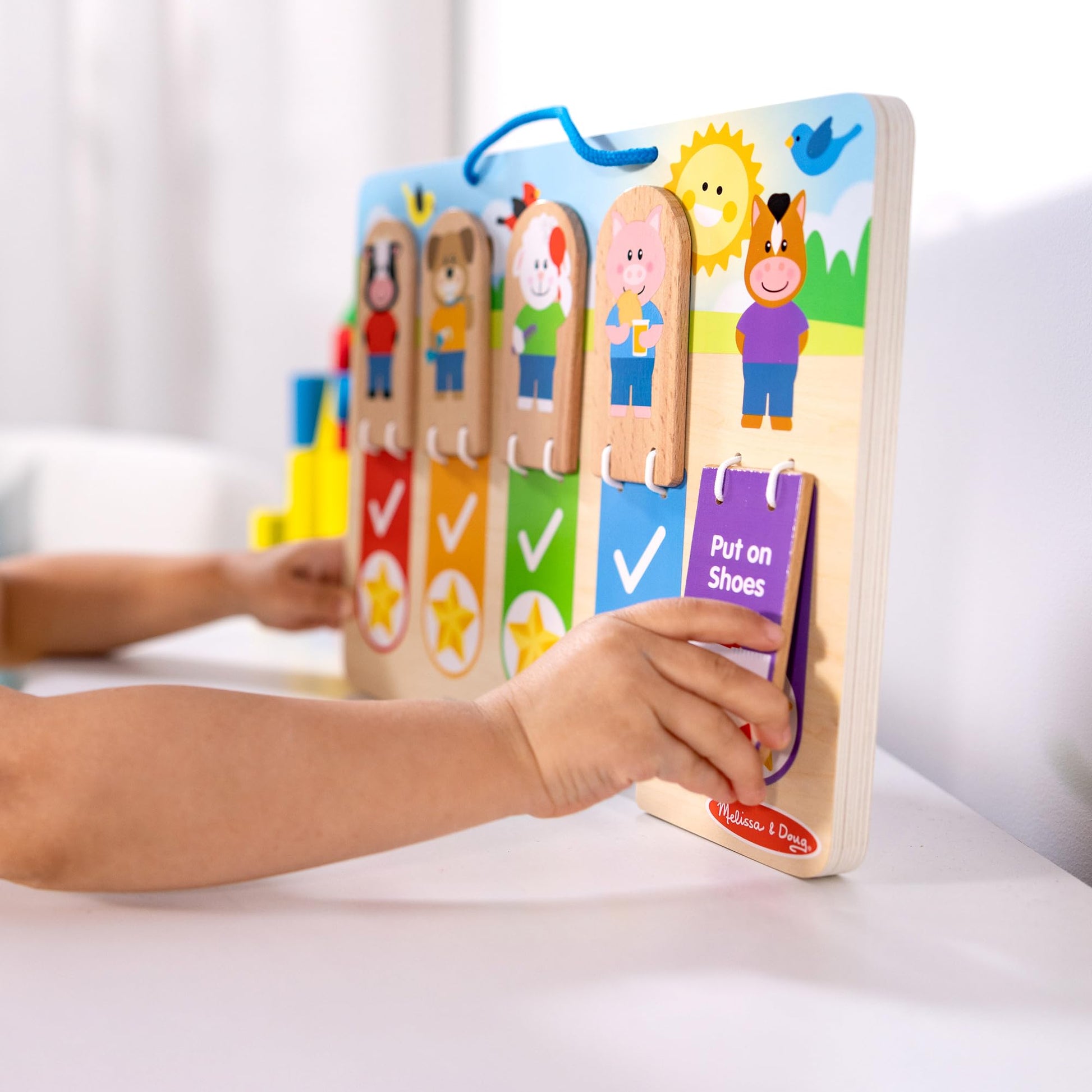 Melissa & Doug My Daily Routines Chart, Wooden Daytime and Nighttime Habit Tracker with Multi-Lingual Stickers, Hands-On, Screen-Free Preschool Toys
