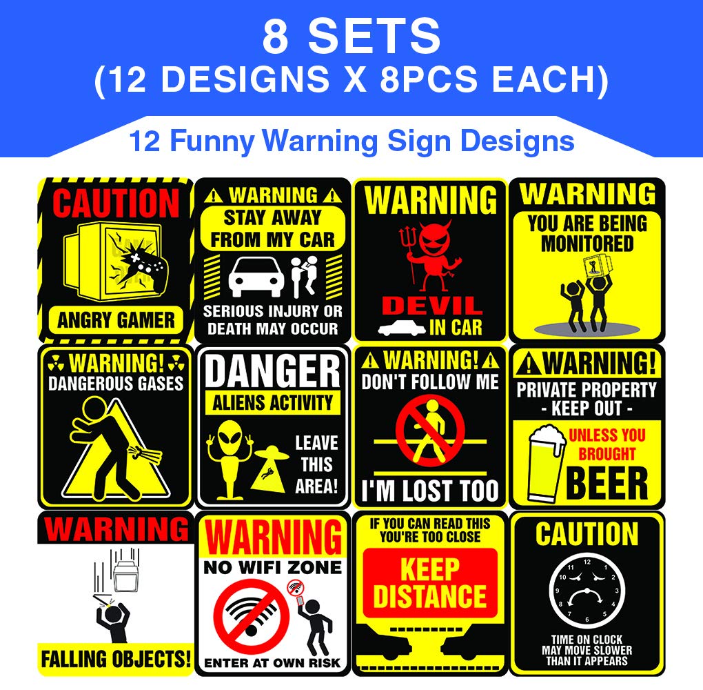 Creanoso Funny Warning Signs Stickers - 8 Bulk Sets (12 des. x 8pcs ea.) -Approx. A7-Sized 3.55x 3.94 in. Stocking Stuffers Premium Quality Gift Ideas