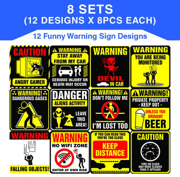 Creanoso Funny Warning Signs Stickers - 8 Bulk Sets (12 des. x 8pcs ea.) -Approx. A7-Sized 3.55x 3.94 in. Stocking Stuffers Premium Quality Gift Ideas
