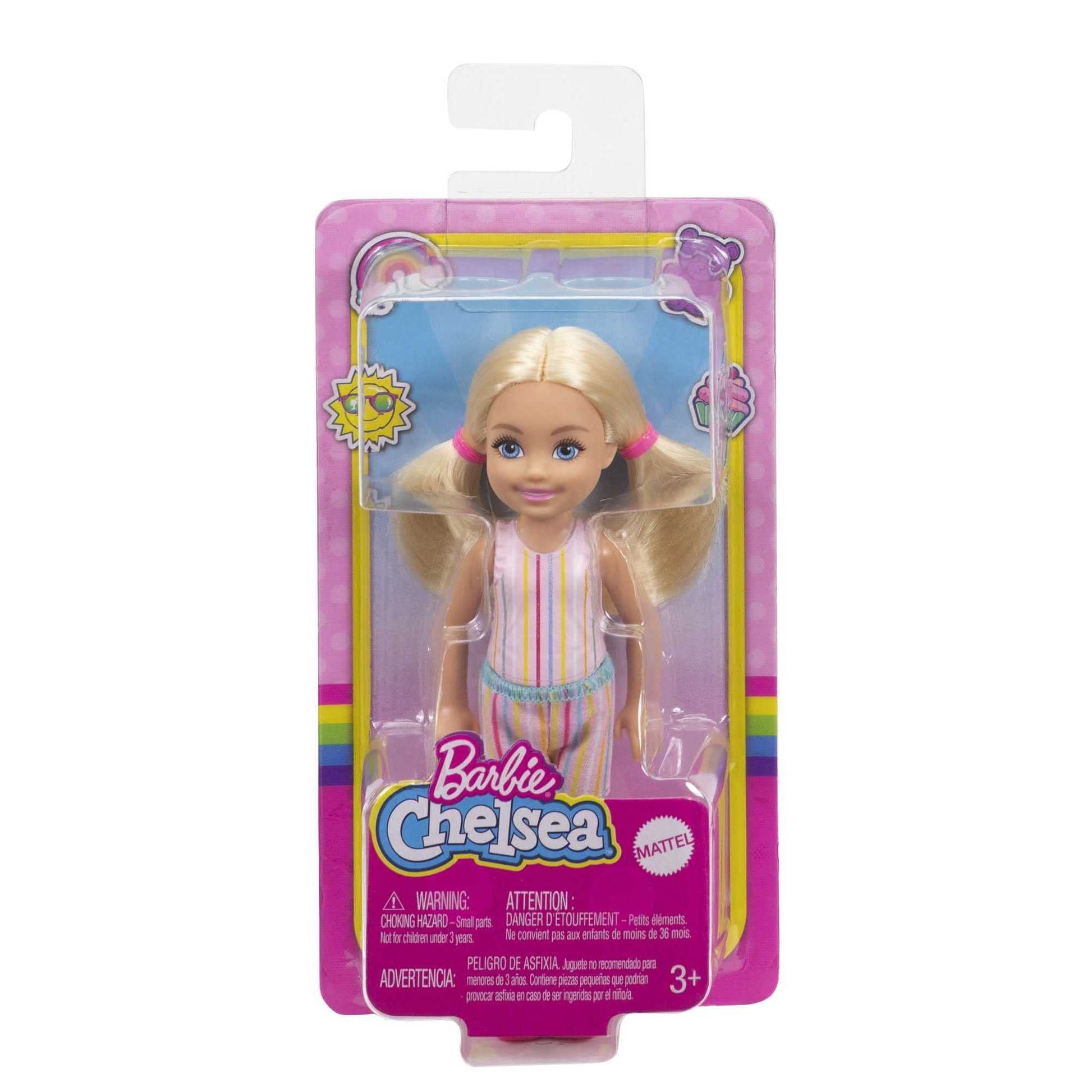 Barbie Chelsea Doll, Small Doll with Blonde Pigtails & Blue Eyes in Removable Striped Dress & Pink Boots