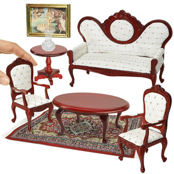 iLAND Dollhouse Furniture Victorian Dollhouse Couch Set 8pcs, Royal Handmade Armchairs w/Painting Vase Rug, Vintage Miniature Decor, 1/12 Scale Mini