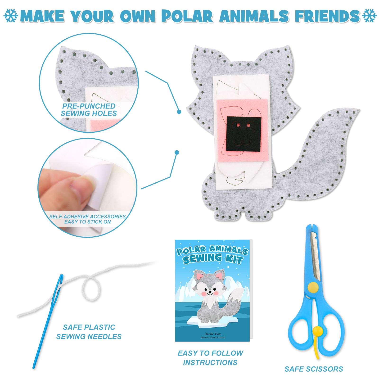 CiyvoLyeen Polar Animals Sewing Kit for Kids Make Your Own Winter Polar Animals Felt Plush Craft Kit Includes 14 Creative Projects to Sewing Beginners