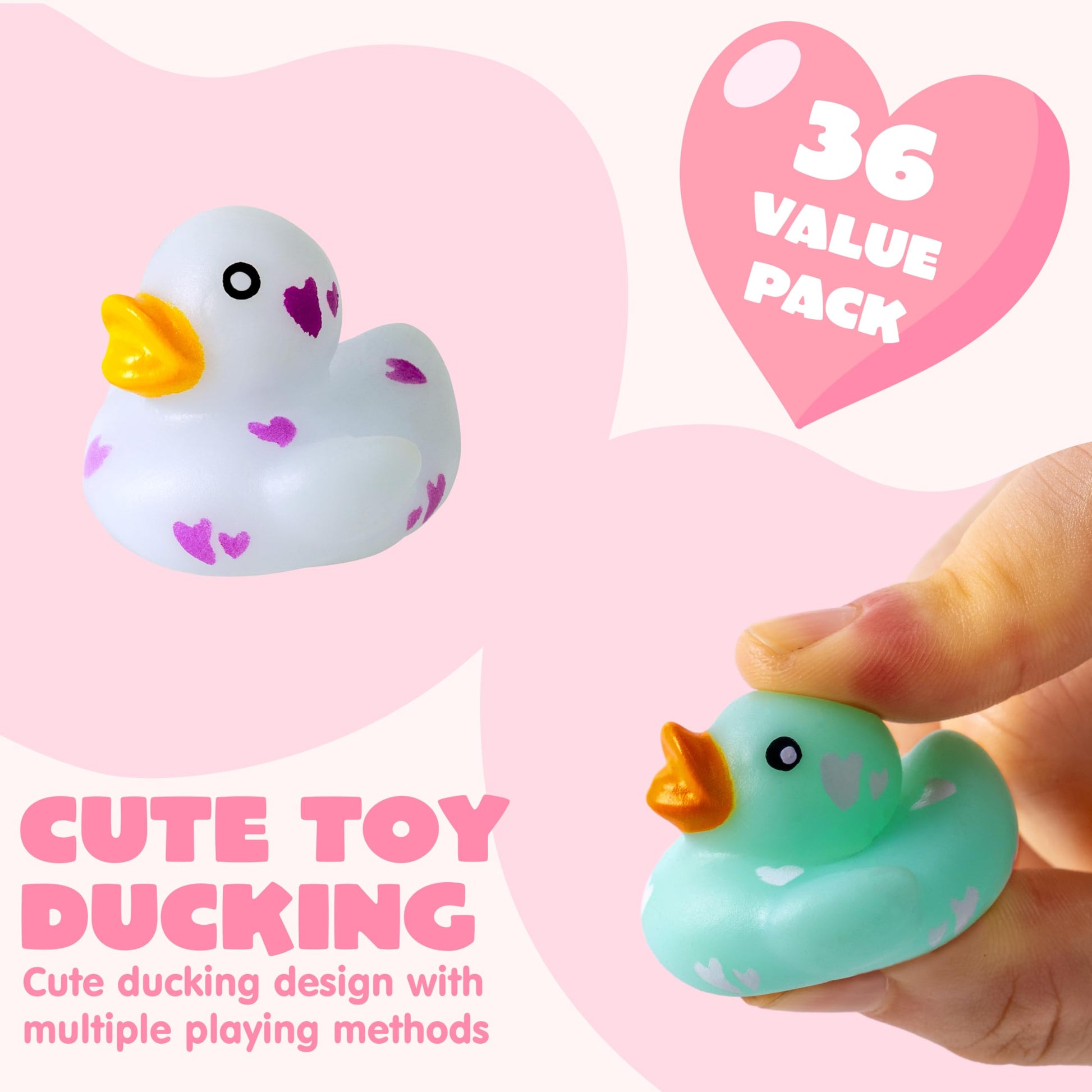 JOYIN 36 Pcs Valentine’s Day Mini Rubber Ducks with Cards for Kids, 4 Colors Duckies Bath Toys with 4 Card Designs for Classroom Exchange Prizes