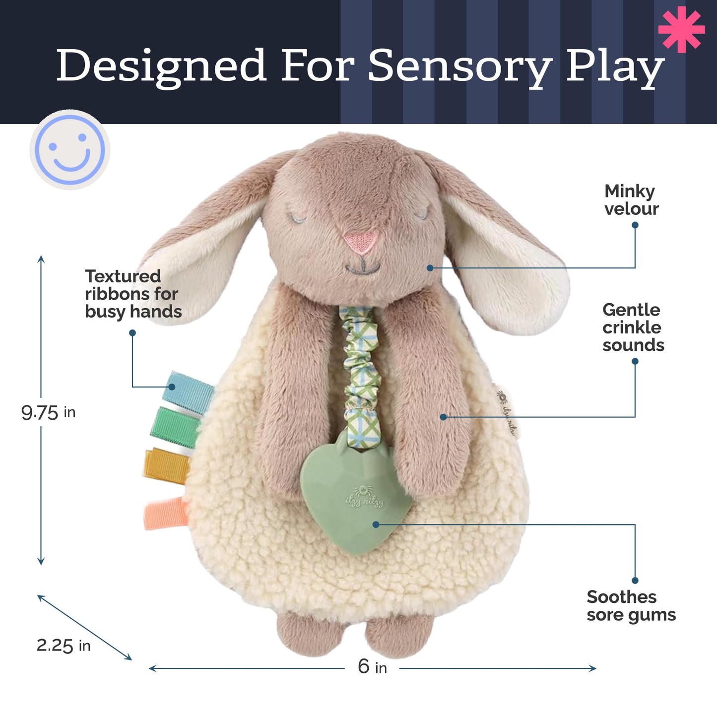 Itzy Ritzy - Itzy Lovey Including Teether - Baby Lovey with Teether, Textured Ribbons & Dangle Arms - Features Crinkle Sound, Sherpa Fabric and Minky