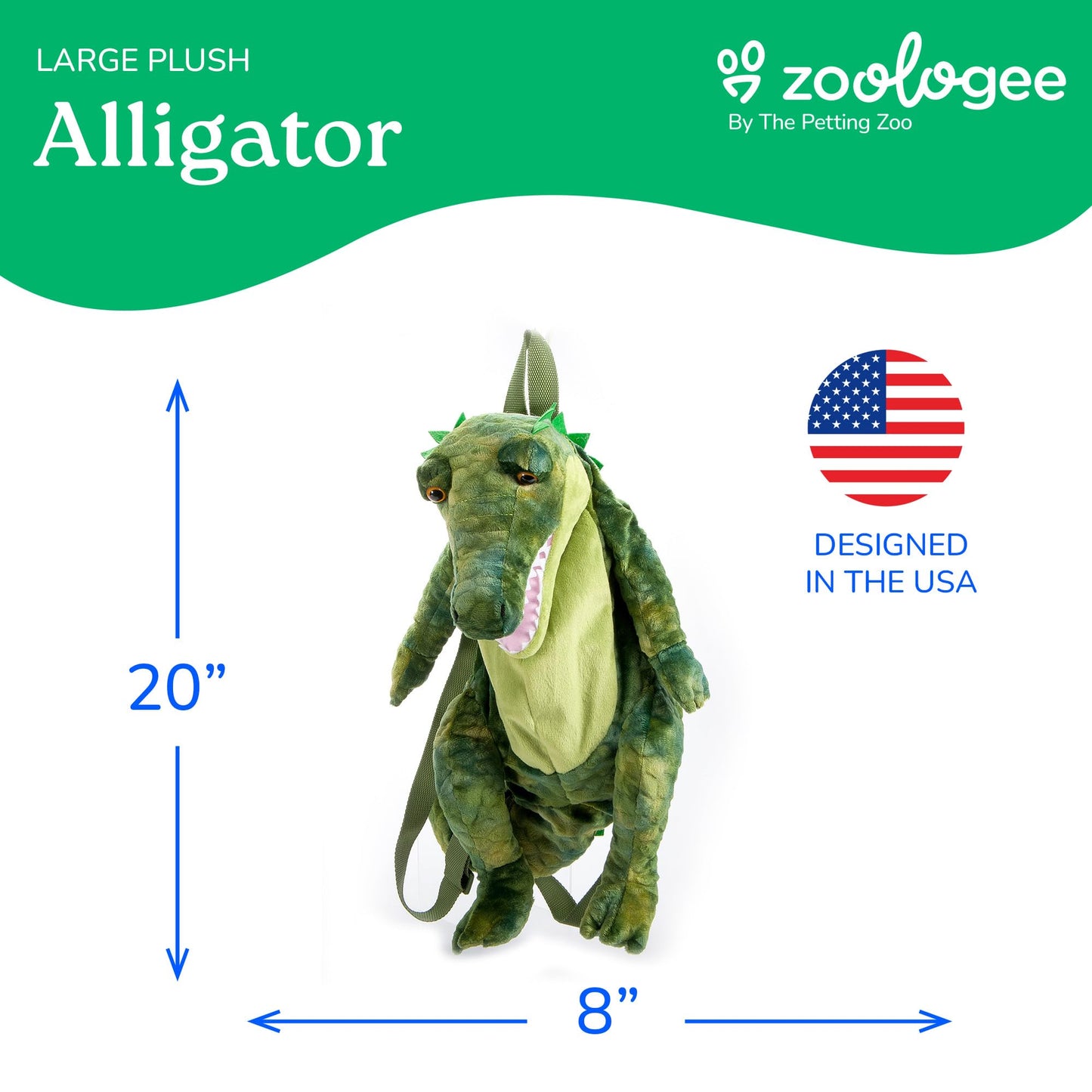 The Petting Zoo Alligator Stuffed Animal Plushie Backpack, Gifts for Kids, Sealife Animal Toy, Green Alligator Plush Toy Book Bag, 20 inches