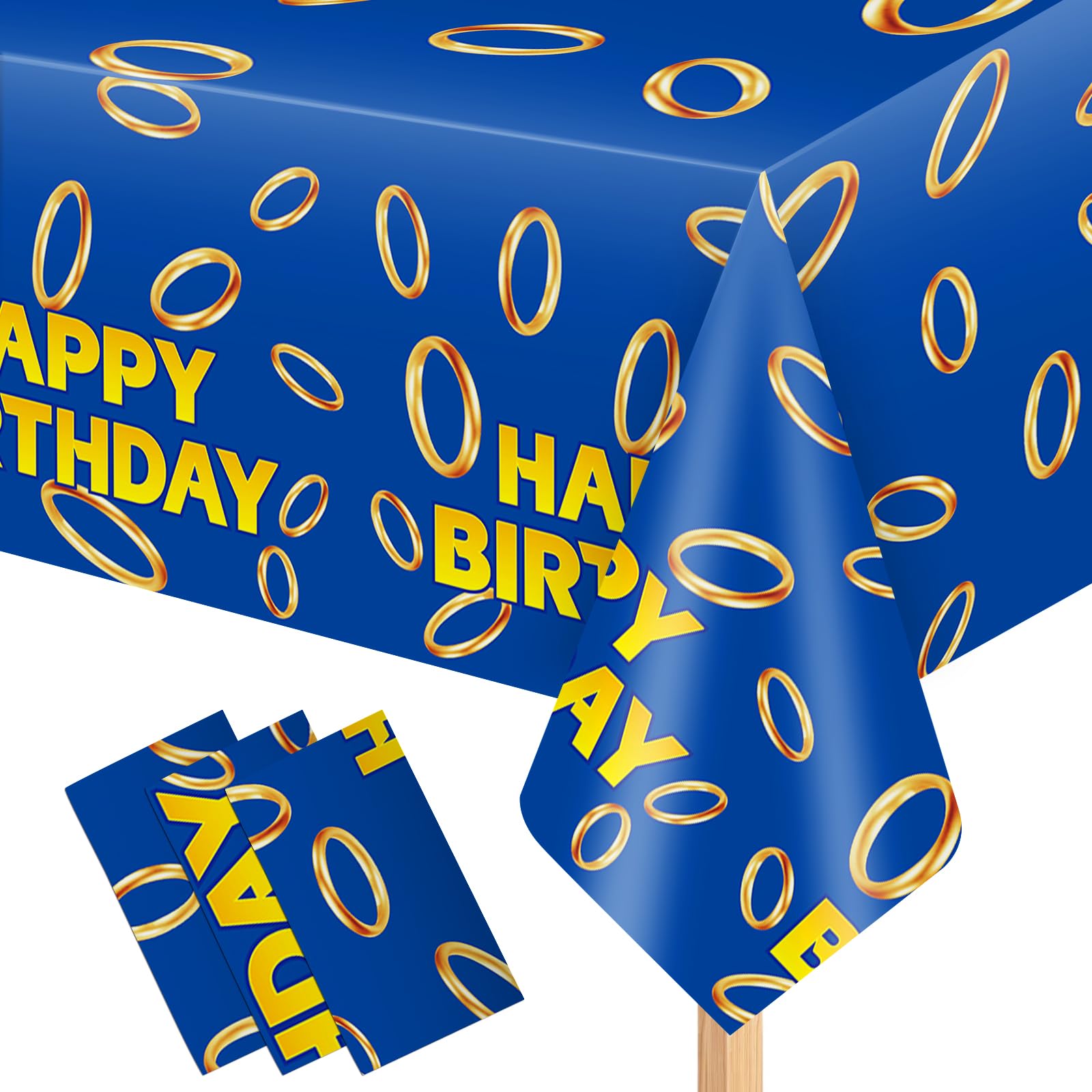 Lecinc 3 Pcs Blue with Gold Ring Print Plastic Tablecloth 108 x 51.2 Inches Table Cover Blue with Gold Ring Party Decor for Boys Girls Birthday Party