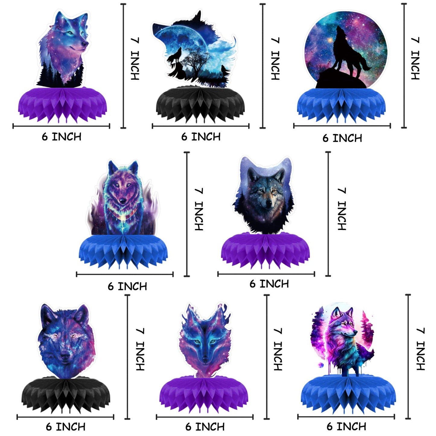 8 Pcs Galaxy Wolf Birthday Party Decoration, Starry Sky Wolf Theme Honeycomb Centerpieces 3D Double Sided Table Decorations, Animal Wolf Photo Booth