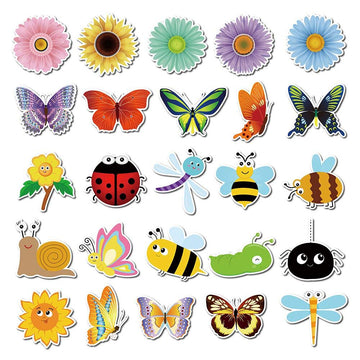 Anor Wishlife Flower Stickers(50pcs),Hungry Caterpillar,Butterfly,Spring,Summer,Bee PVC Waterproof Stickers for Kids,Adults,Decals