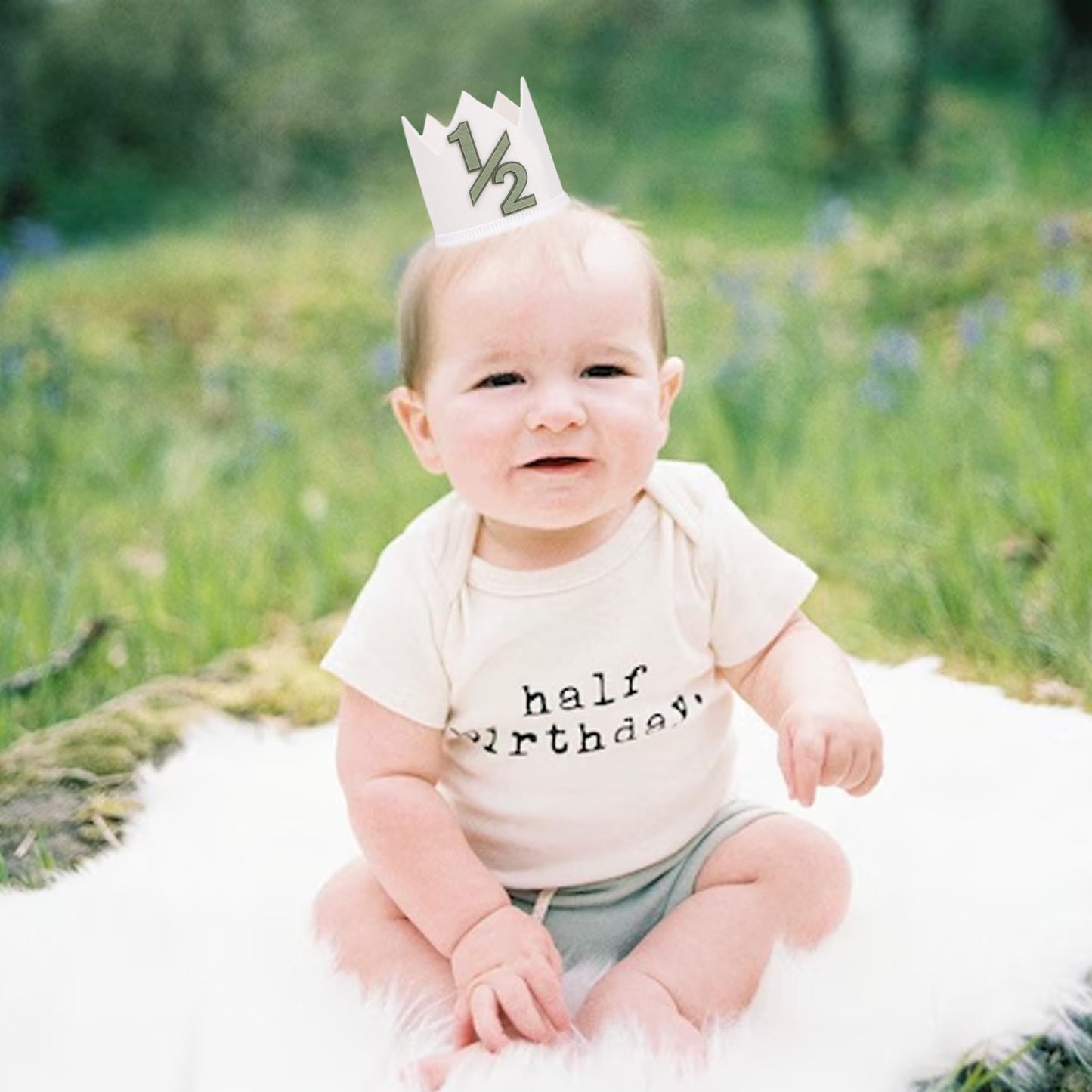 HIKLO Half Birthday Crown - 6 Months Crown Hat for Baby Boy/Girl, 1/2 Birthday Cake Smash Photo Props, Half Way Outfits for Baby (Green Half Birthday