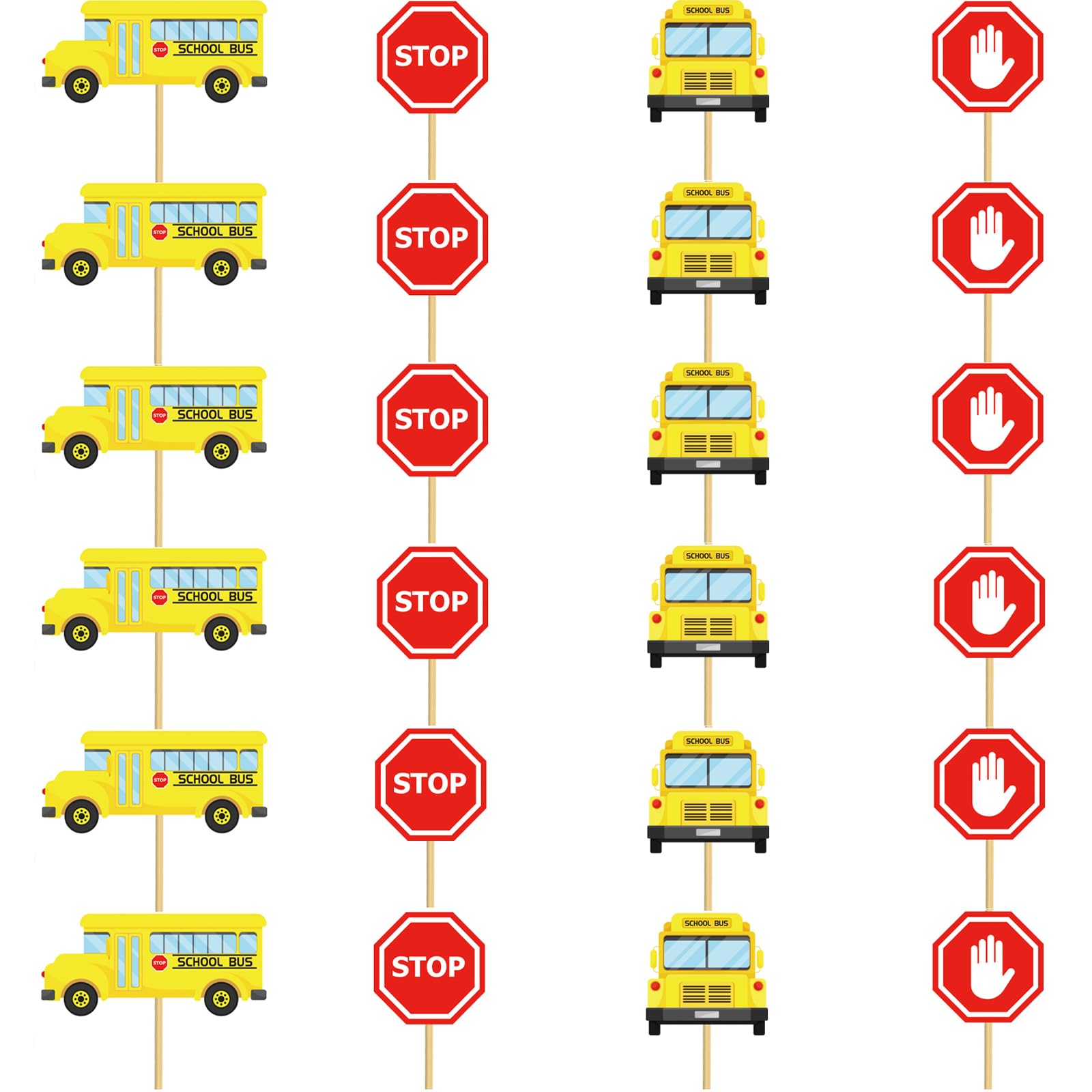 CHNBF Back to School 24Pcs School Bus Party Decorations Set - 4 Styles Centerpieces with Sticks & Stickers for Birthday, Back to School, Classroom