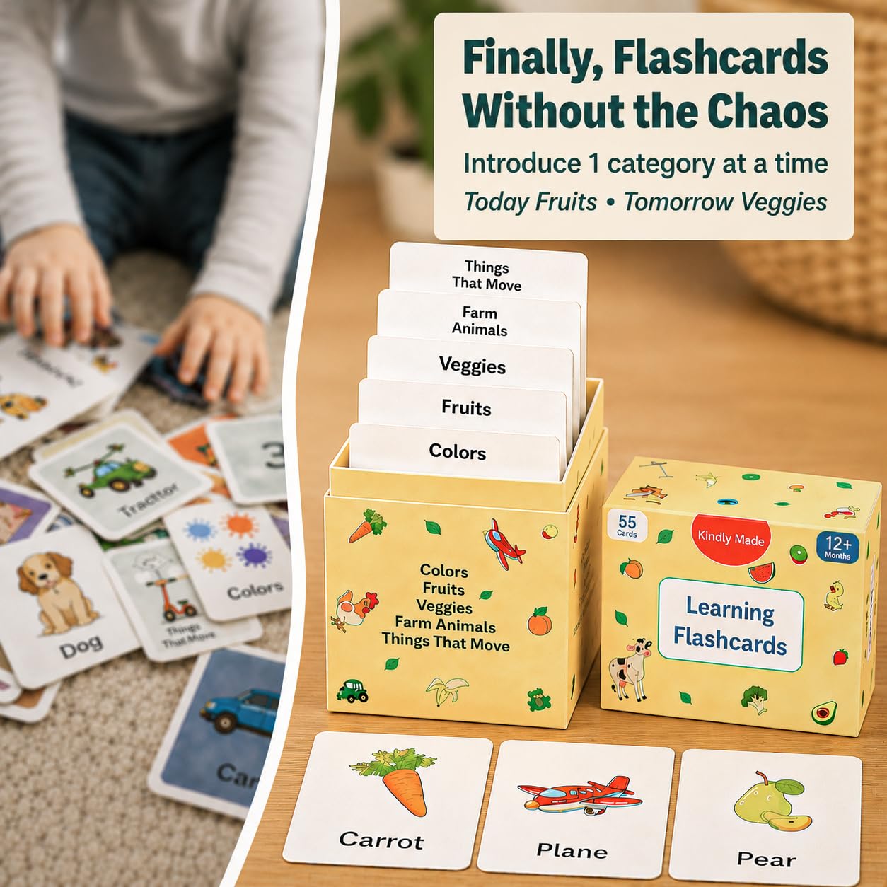 Flash Cards for Toddlers 1-3 - 55 Thick & Durable Learning Flashcards, First Words, Real-Life Images, Montessori Toy 12+ Months