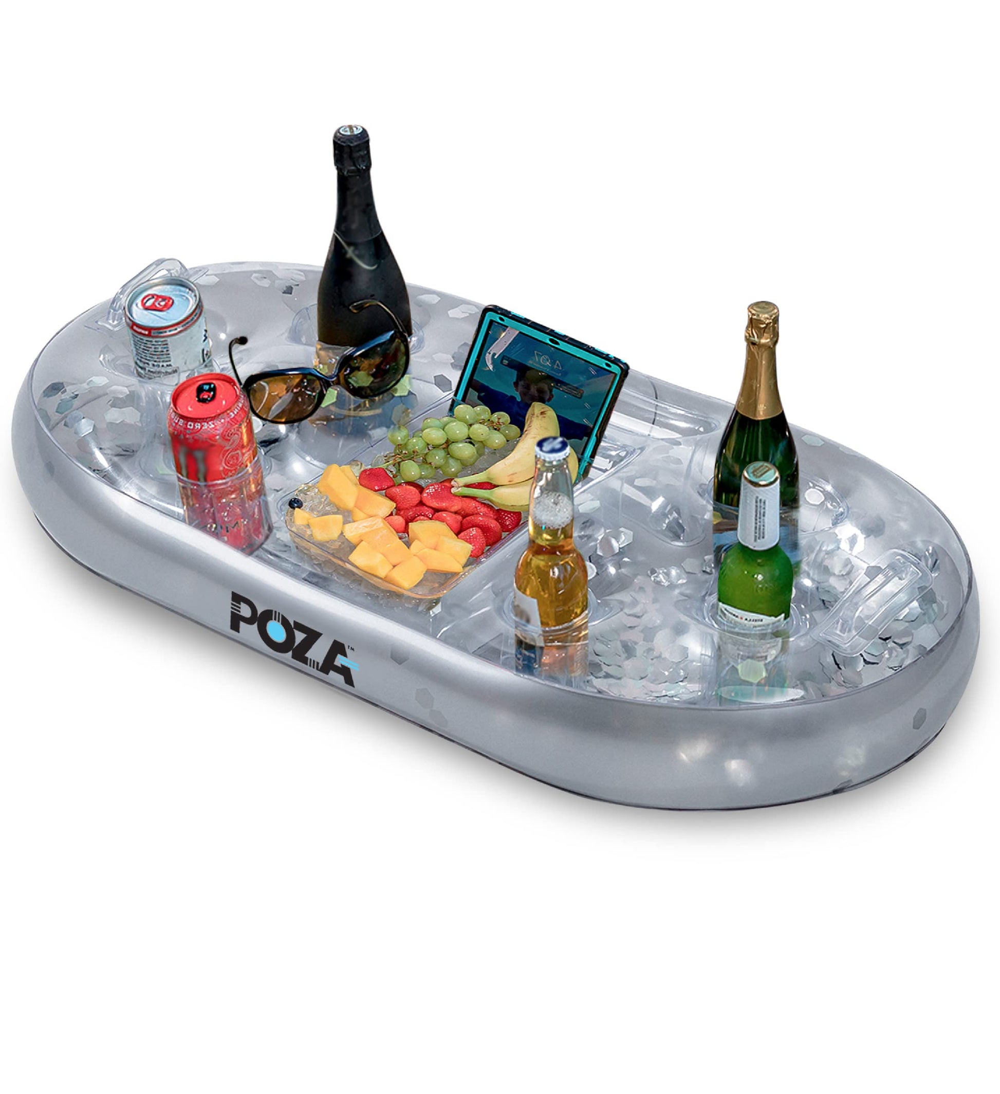 POZA Inflatable Silver Floating Cooler - Luxurious Drink Holder Filled with Sparkly Confetti, Premium Party Float with 8 Holders, Serving Bar