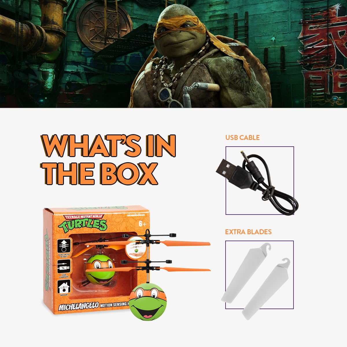 World Tech Toys Ninja Turtles Michelangelo Flying Toy - Motion Sensing Flying Ball with USB Charging - TMNT Licensed - Indoor/Outdoor Drone for Kids