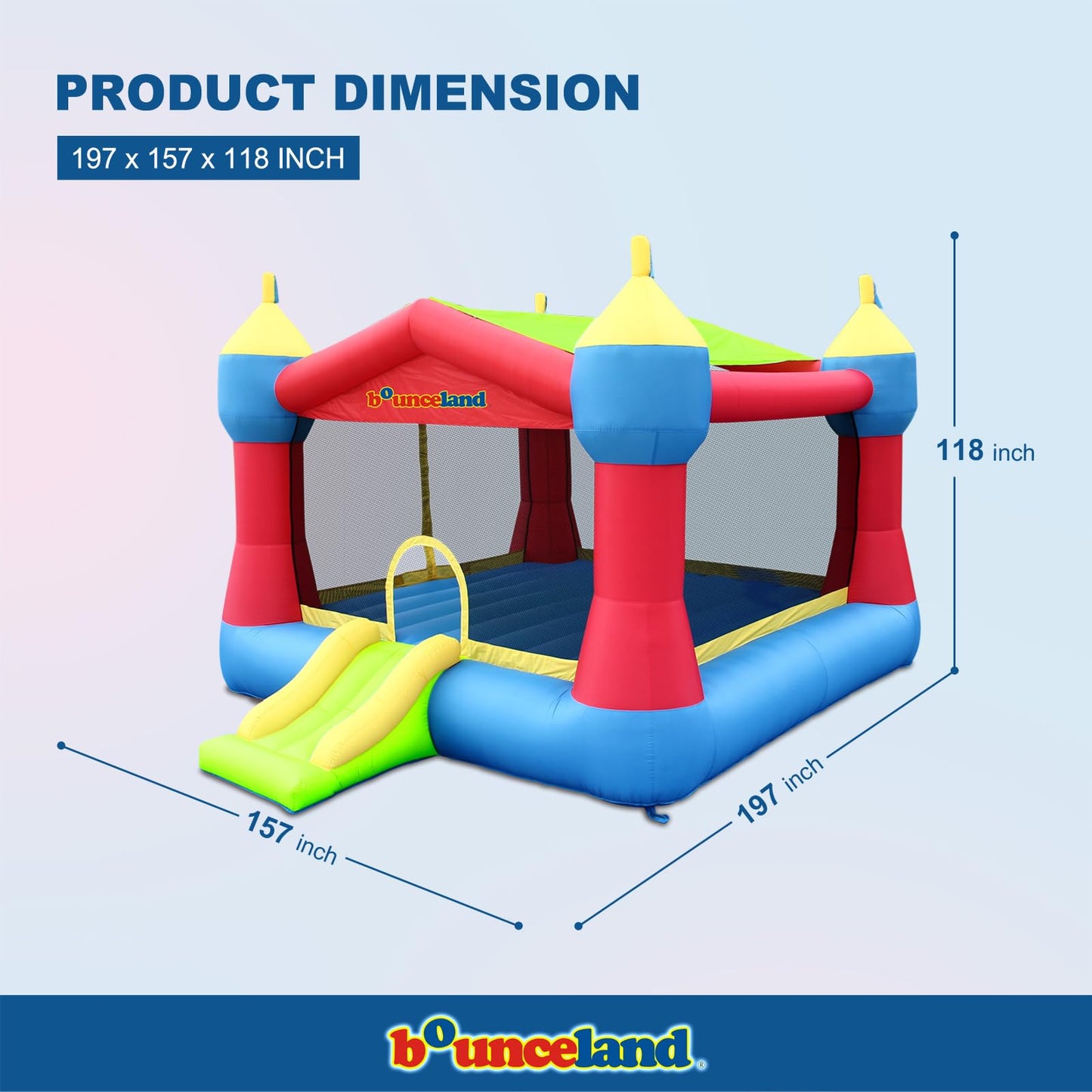 Bounceland Inflatable Party Castle Bounce House Bouncer, 16 ft L x 13 ft W x 10.3 ft H, Basketball Hoop, Removable Sun Roof, UL Strong Blower