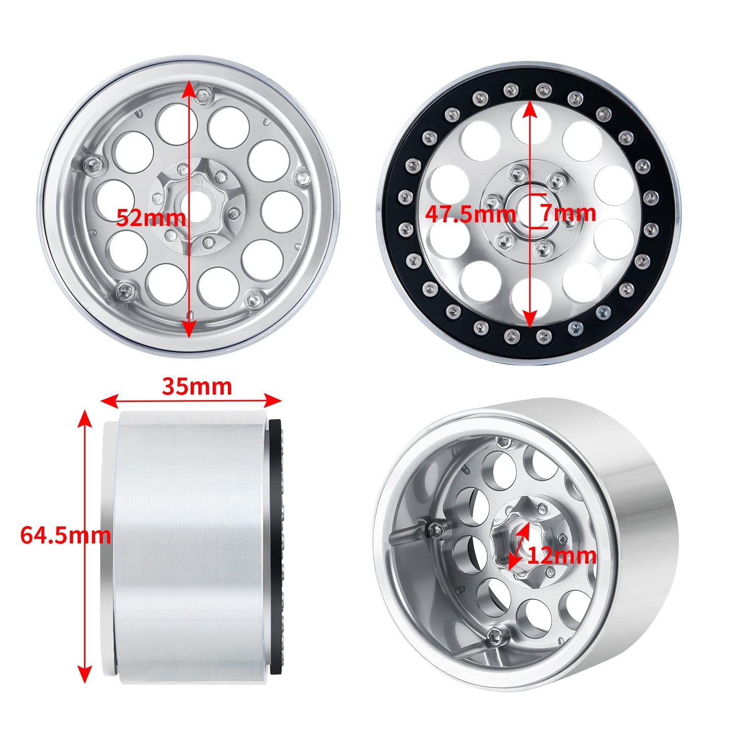RCLIONS Aluminum 2.2" Beadlock Wheels Rims 35mm for Axial Wraith SCX10 TRX4
