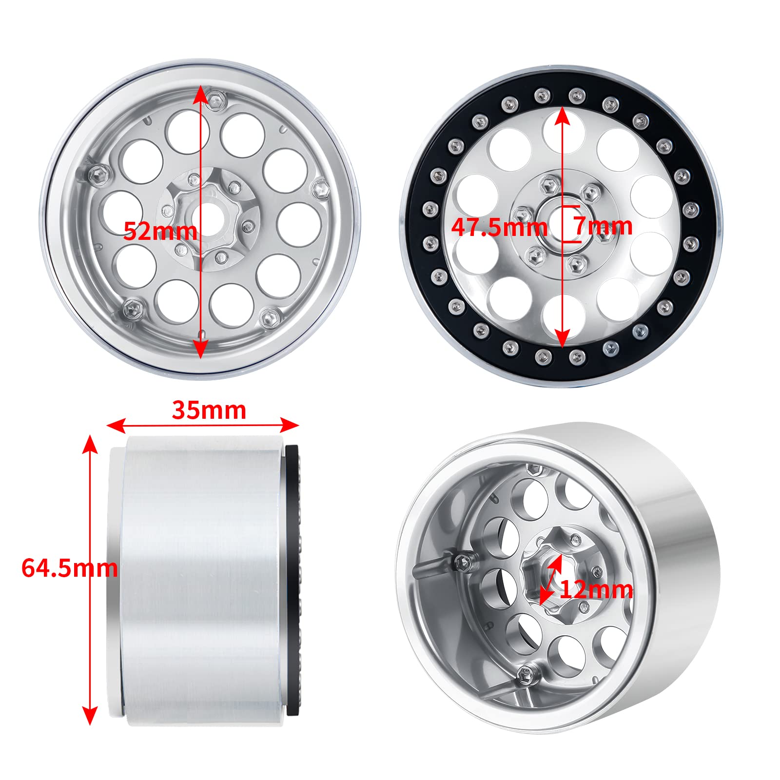 RCLIONS Aluminum 2.2" Beadlock Wheels Rims 35mm for Axial Wraith SCX10 TRX4