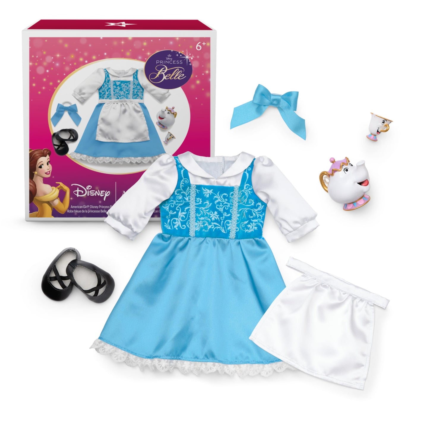 American Girl, Disney, Princess Belle, Blue Dress, Mrs. Potts, Chip, & Accessories, 18-inch Doll Clothing, Ages 6+