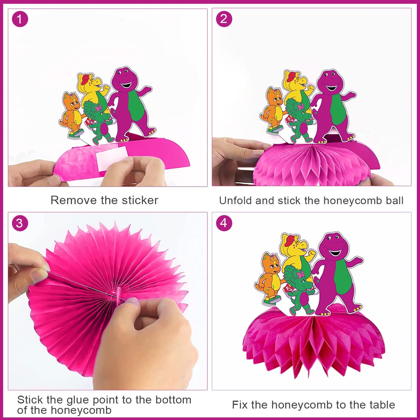 Barney Party Decorations Honeycomb Centerpiece, 7 Pieces Barney Purple Dinosaur Theme 3D Double Side Cake Toppers Table Centerpieces, Barney Photo