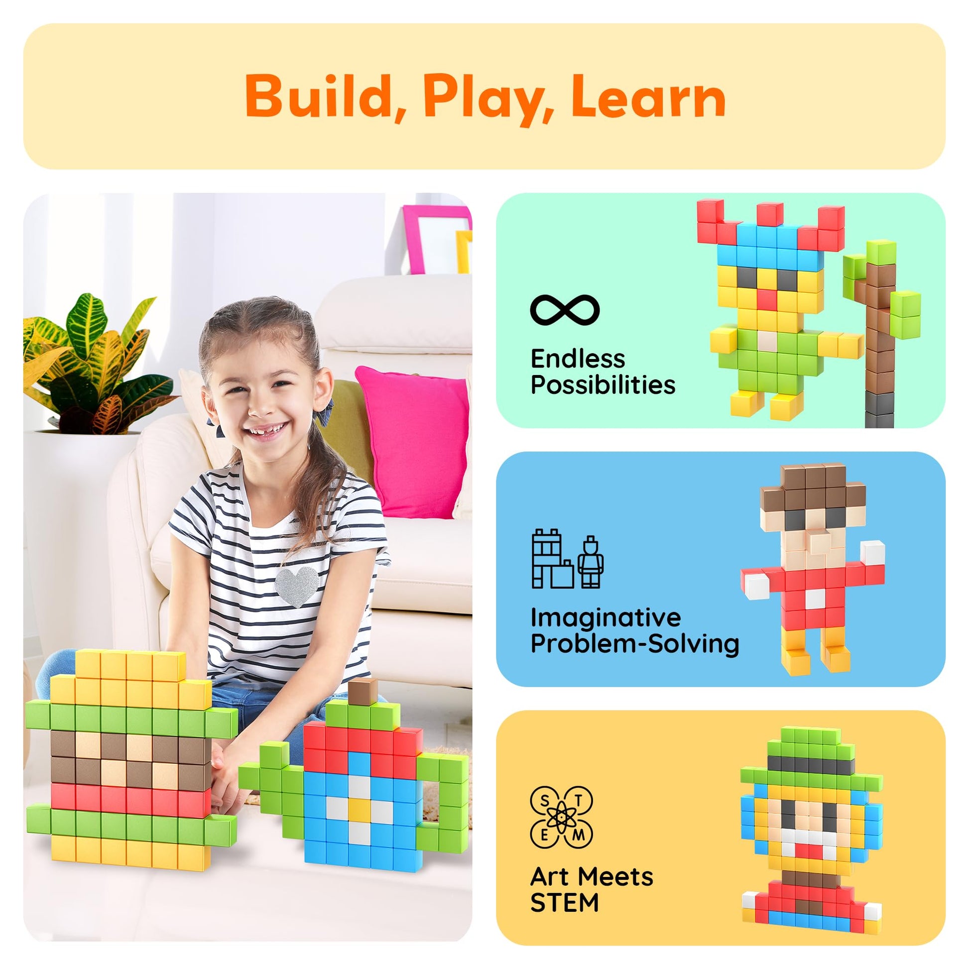PicassoTiles 108pcs 1” Magnetic Puzzle Cubes Magnet Toys Preschool Construction Building Block Set Sensory Toy Early Education STEM Learning Come
