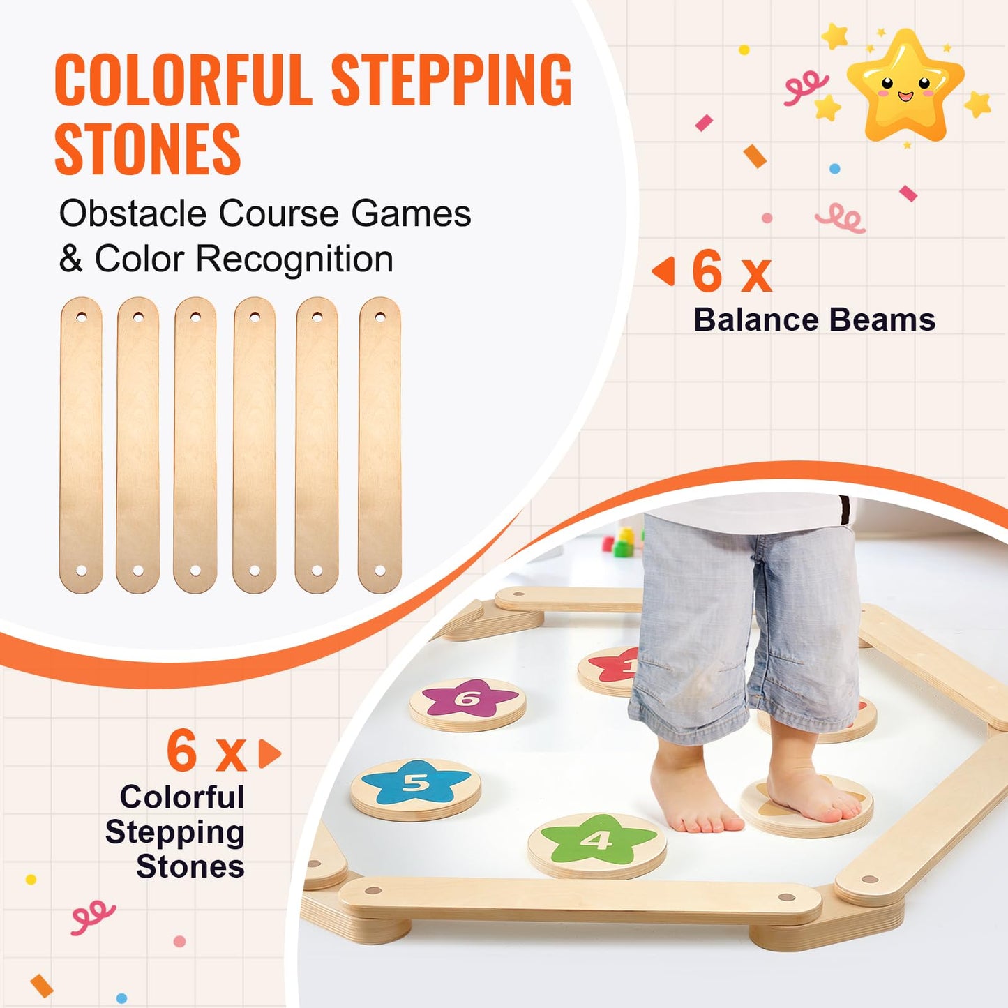 VEVOR Balance Beam Stepping Stones, 6 PCS Wooden Toddler Balance Boards, Montessori Toy for Kids 3-6, Build Coordination and Gross Motor Skills